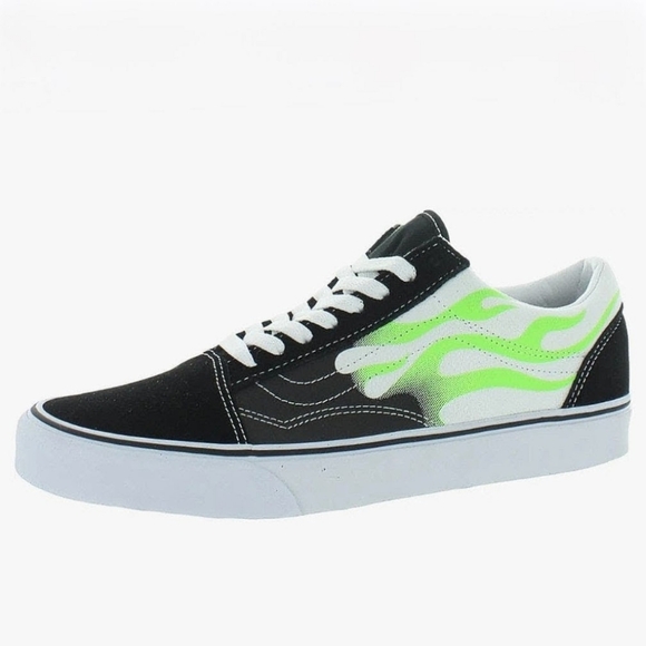 Vans Other - Vans Black White Canvas Neon Green Flames Suede Old Skool Skate Shoes Men's 6.5